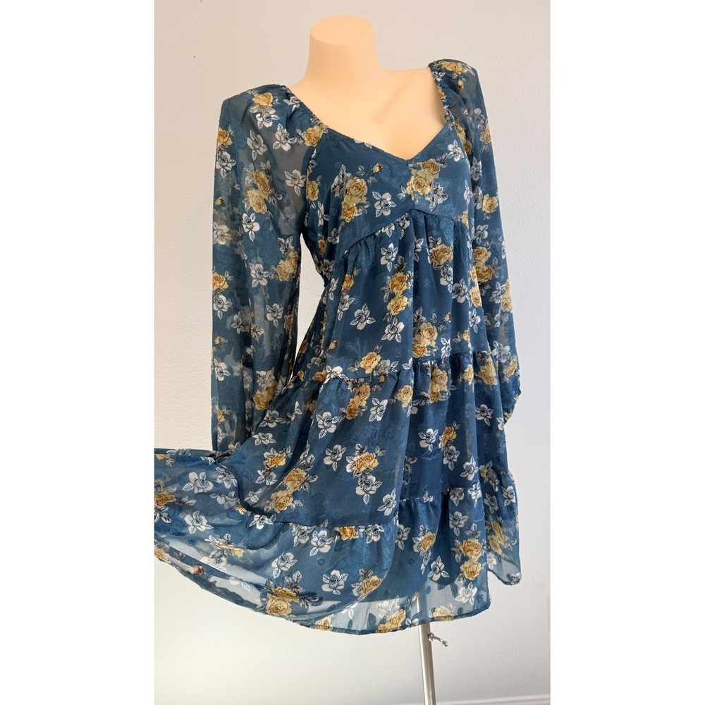 Baltic Born Lombard Tiered Dress Blue Gold Floral Cottagecore Boho Mini Medium - Picture 5 of 15